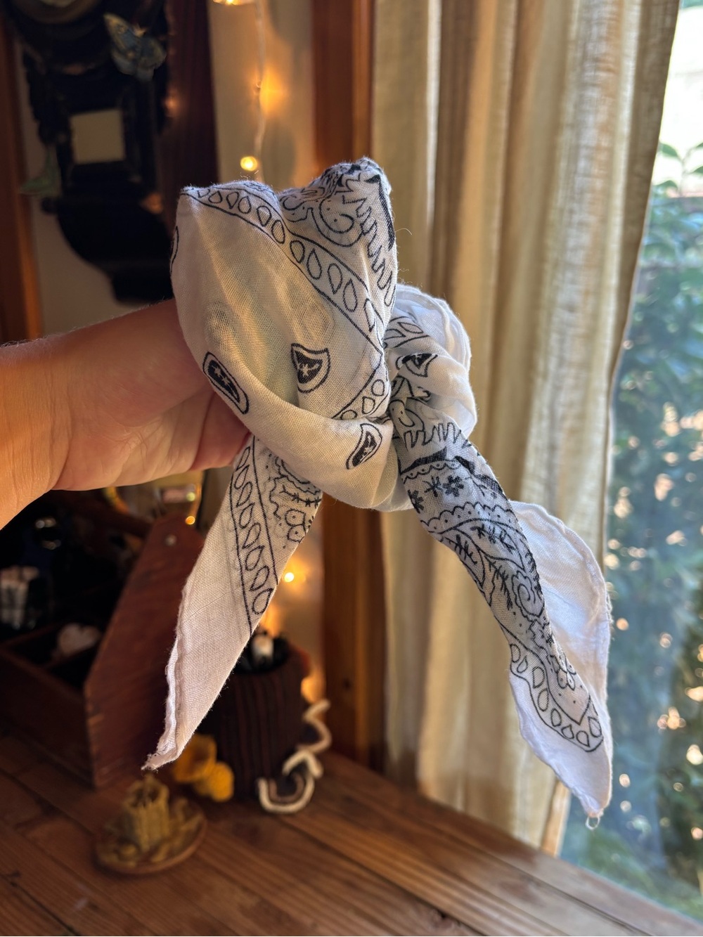 100% Cotton White Bandana Scarf with Black Paisley Print